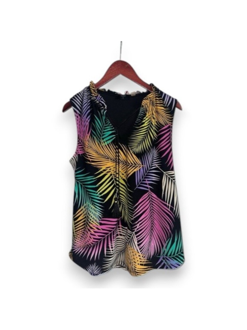 Tahari Black Sleeveless Palm-Print V-Neck Top with Multicolor Leaves